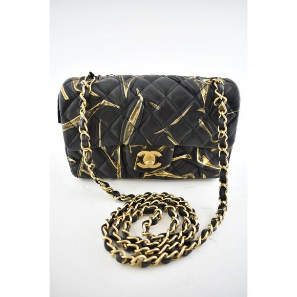 Chanel 21A Black Gold Painted Mini Flap Rectangle CC Quilted Chain Crossbody Bag - Picture 7 of 12